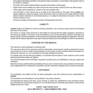 May include: A printed manual for Series 7 V-Shift tractors by Landini. The document includes an introduction, liability information, and the purpose of the manual. The manual also contains copyright information and the manufacturer's address.
