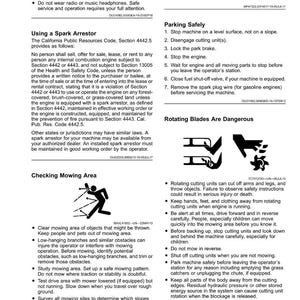 May include: A page from a safety manual, featuring text and diagrams. It covers safety advice, spark arrestor details, parking procedures, and warnings about rotating blades. The page is white with black text and illustrations.