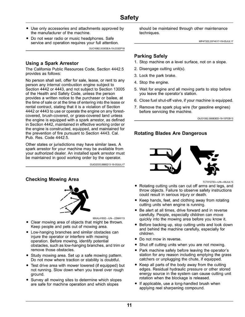 May include: A page from a safety manual, featuring text and diagrams. It covers safety advice, spark arrestor details, parking procedures, and warnings about rotating blades. The page is white with black text and illustrations.