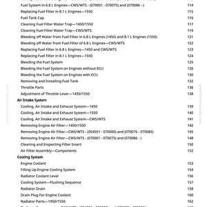 May include: A page from a greenfarmmanuals.com manual, listing specifications for fuel and cooling systems. Topics include fuel tank, air intake, and radiator components. The text is in black font on a white background.