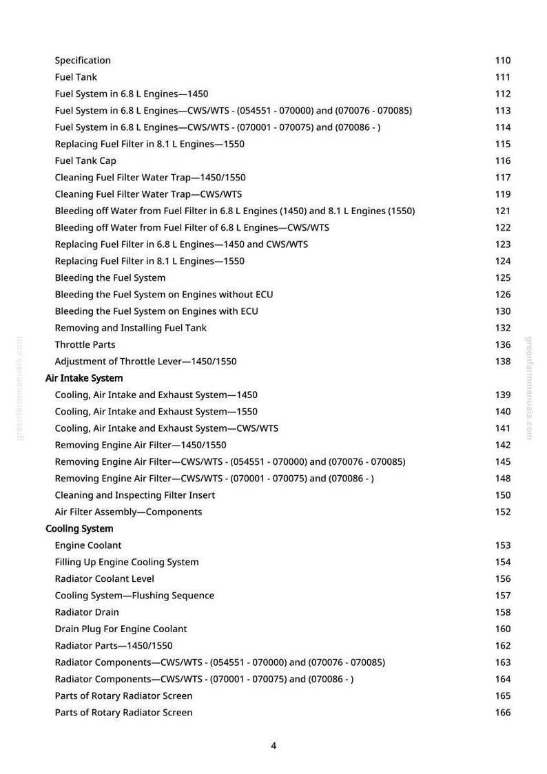May include: A page from a greenfarmmanuals.com manual, listing specifications for fuel and cooling systems. Topics include fuel tank, air intake, and radiator components. The text is in black font on a white background.