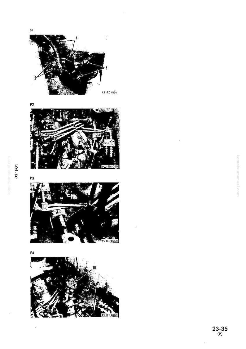 K&ouml;nnte beinhalten: Schwarz-Wei&szlig;-Technische Zeichnungen mit nummerierten Komponenten, wahrscheinlich aus einem Handbuch. Die Bilder sind mit P1 bis P4 beschriftet, mit zus&auml;tzlichem Text und Zahlen. Die Seitenzahl ist 23-35.