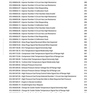 May include: A white page with a list of ECU diagnostic codes and their corresponding descriptions. The codes cover various engine issues, including injector, temperature, and pressure sensor faults. The page also includes a page number.