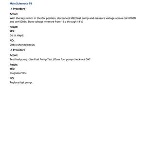 May include: A white page with black text detailing a fuel pump diagnostic procedure. The text includes instructions for checking voltage and troubleshooting, with steps and results. The document is labeled "VCU 000931.03 - Fuel Pump Short to High."
