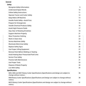 May include: A white page titled "Table of Contents" from a manual. The text lists safety topics, including "Handle Fluids Safely" and "Avoid High-Pressure Fluids." Specifications for rotary cutters are also listed.