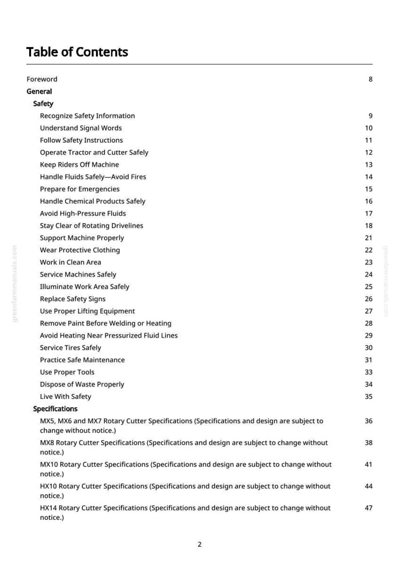 May include: A white page titled "Table of Contents" from a manual. The text lists safety topics, including "Handle Fluids Safely" and "Avoid High-Pressure Fluids." Specifications for rotary cutters are also listed.