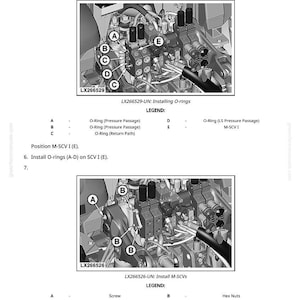 May include: Diagram of hydraulic components with labels A through E, including O-rings and M-SCVs. Text instructions detail installing O-rings and hex nuts. The image is from a greentarmmanuals.com manual.