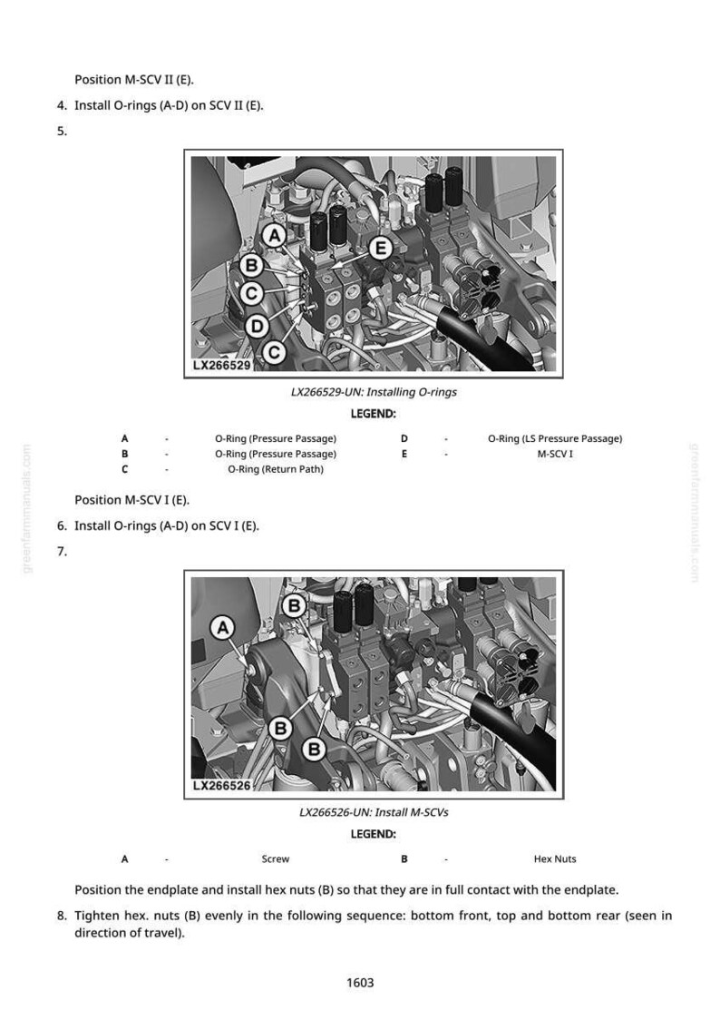 May include: Diagram of hydraulic components with labels A through E, including O-rings and M-SCVs. Text instructions detail installing O-rings and hex nuts. The image is from a greentarmmanuals.com manual.