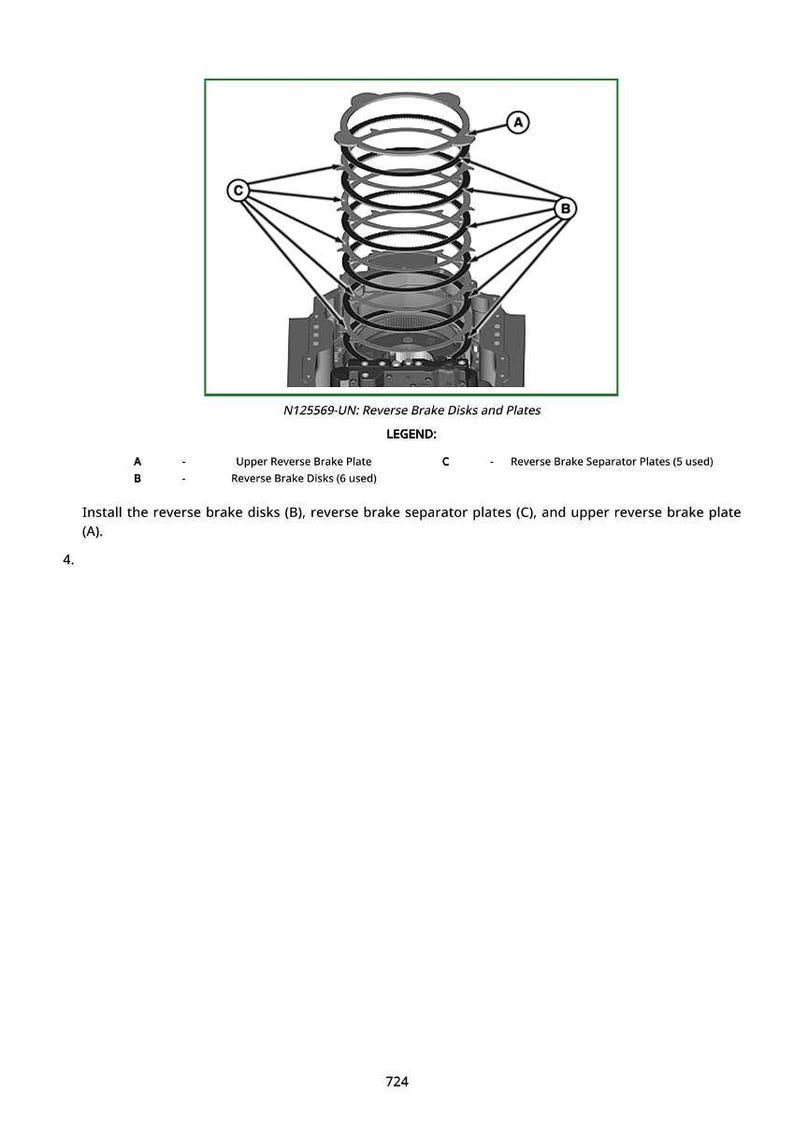 Puede incluir: Diagrama de discos y placas de freno traseros, etiquetados A, B y C. El diagrama incluye una placa de freno trasero superior, discos de freno trasero y placas separadoras de freno trasero. El texto en la parte inferior proporciona instrucciones de instalaci&oacute;n.