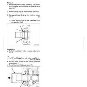 Pu&ograve; includere: Schema di rimozione e installazione della tenuta dell'albero di ingresso della pompa idraulica. Le istruzioni includono la rimozione dell'anello elastico, del distanziale e della tenuta. L'immagine mostra anche il processo di installazione e l'applicazione del grasso.