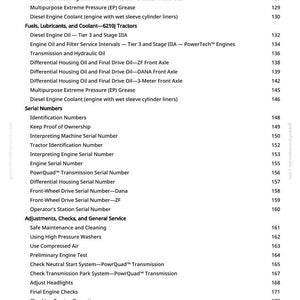 Op de afbeelding: Een pagina uit een greenfarmmanuals.com handleiding, met onderwerpen over tractoronderhoud. Onderwerpen zijn onder meer motorolie, serienummers en afstellingen. De pagina heeft een witte achtergrond met zwarte tekst.