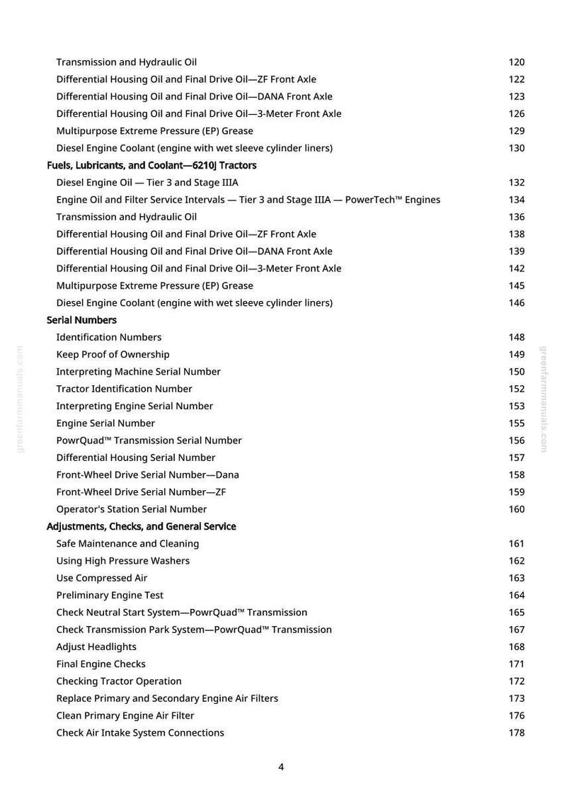 Op de afbeelding: Een pagina uit een greenfarmmanuals.com handleiding, met onderwerpen over tractoronderhoud. Onderwerpen zijn onder meer motorolie, serienummers en afstellingen. De pagina heeft een witte achtergrond met zwarte tekst.