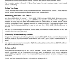 May include: Text from greentarmmanuals.com details testing diesel engine coolant, including coolant test strips and coolant analysis. Instructions for using John Deere COOL-GARD II and nitrite-containing coolants are provided.