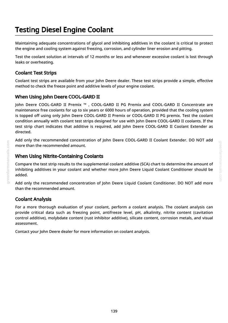 May include: Text from greentarmmanuals.com details testing diesel engine coolant, including coolant test strips and coolant analysis. Instructions for using John Deere COOL-GARD II and nitrite-containing coolants are provided.
