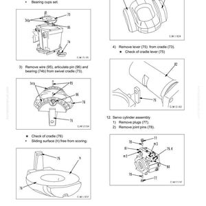 May include: Diagram illustrating the disassembly and assembly of an HST pump. The image details components such as swivel cradles, bearing cups, wires, and pins, each labelled with numbers. Accompanying text provides instructions.