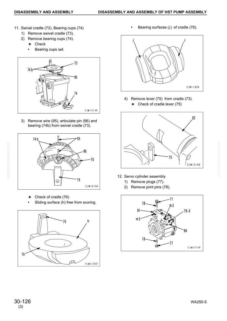 May include: Diagram illustrating the disassembly and assembly of an HST pump. The image details components such as swivel cradles, bearing cups, wires, and pins, each labelled with numbers. Accompanying text provides instructions.