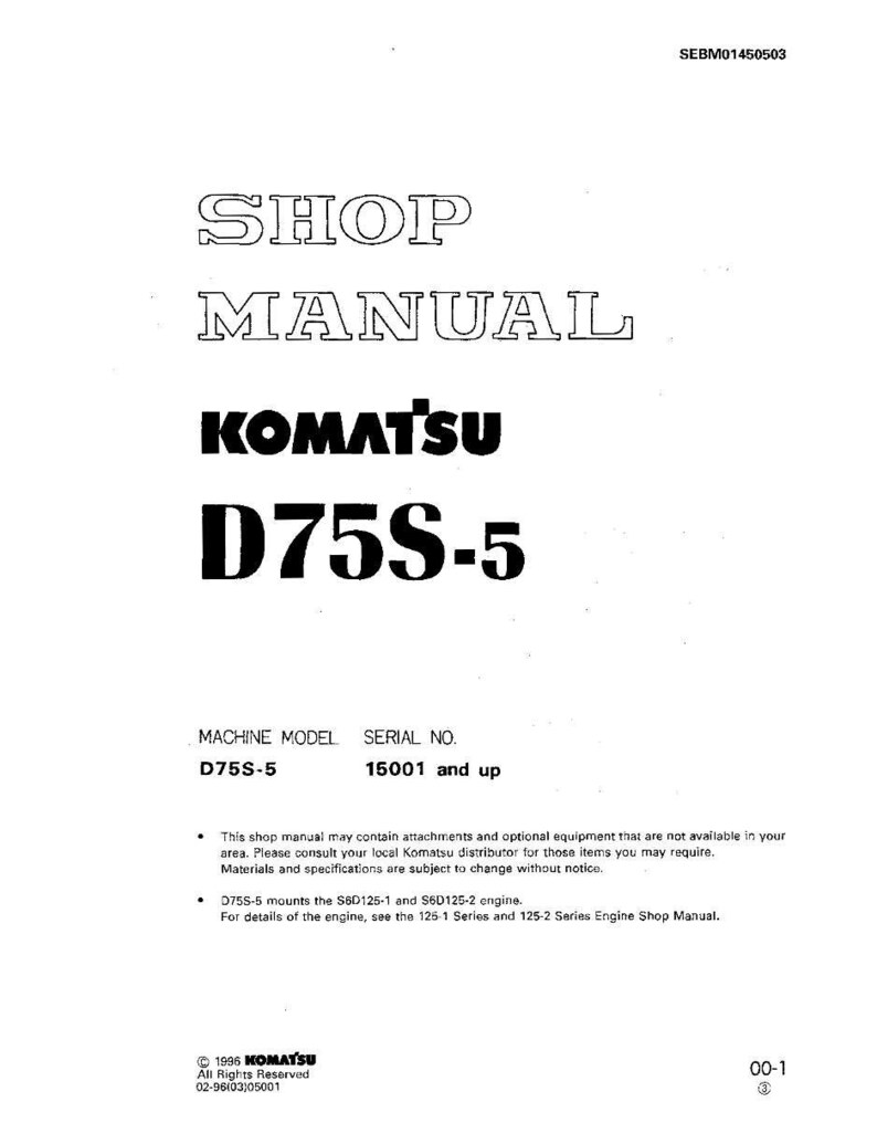 May include: A white shop manual with the text "SHOP MANUAL" in large, outlined letters. Below, the brand name "KOMATSU" and model "D75S-5" are prominently displayed. The manual includes details about the machine model and serial number.