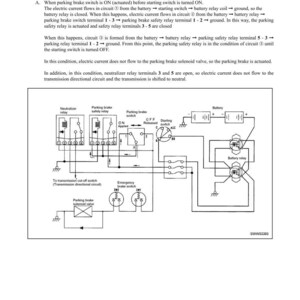 May include: Diagram illustrating the electric parking brake control system, focusing on the starting switch. The schematic shows relays, switches, and the battery. Text explains the electric current flow and the function of each component in the system.