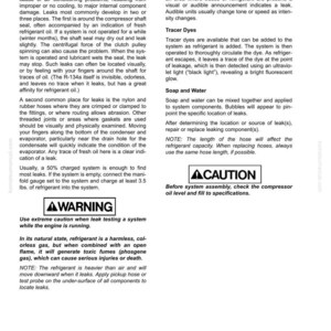May include: A page from a manual detailing system leak testing for air conditioning units. The text includes warnings, instructions, and information on refrigerant leaks, electronic leak detectors, and tracer dyes. The page also includes a caution about checking the compressor oil level.