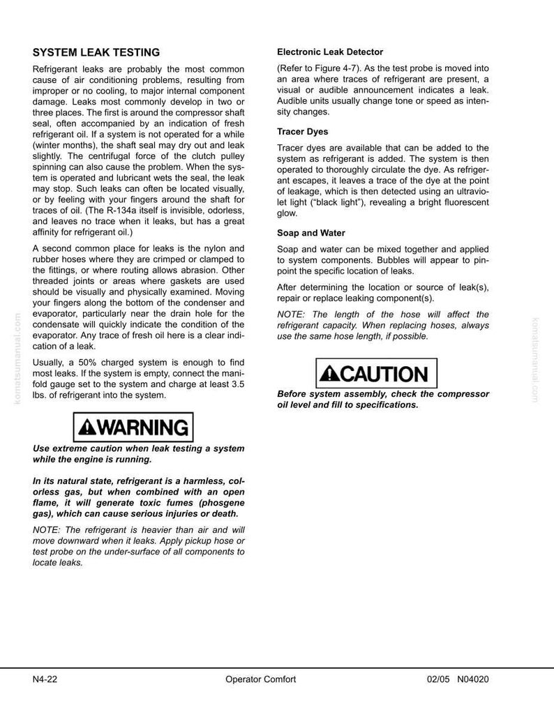 May include: A page from a manual detailing system leak testing for air conditioning units. The text includes warnings, instructions, and information on refrigerant leaks, electronic leak detectors, and tracer dyes. The page also includes a caution about checking the compressor oil level.