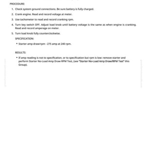 May include: A white page with black text detailing automotive testing procedures. Instructions include steps for checking connections, reading voltage, and recording amperage. The text also includes specifications and results.