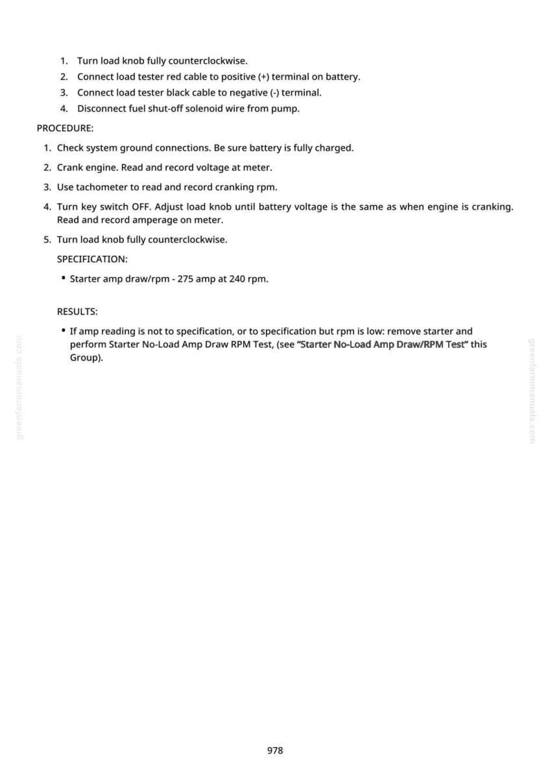 May include: A white page with black text detailing automotive testing procedures. Instructions include steps for checking connections, reading voltage, and recording amperage. The text also includes specifications and results.
