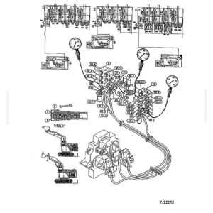 May include: A technical diagram from Komatsu Mining Germany, showing hydraulic system schematics, pressure gauges, and excavator components. The diagram includes labels, numbers, and the text "MRV" and "Z. 22252".