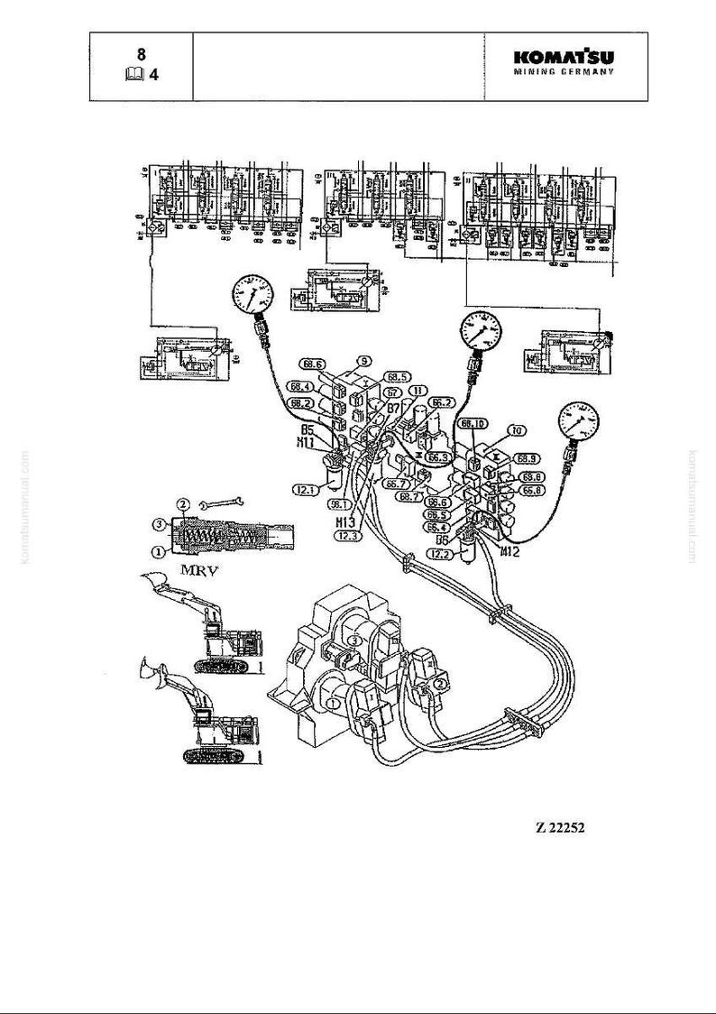 May include: A technical diagram from Komatsu Mining Germany, showing hydraulic system schematics, pressure gauges, and excavator components. The diagram includes labels, numbers, and the text "MRV" and "Z. 22252".