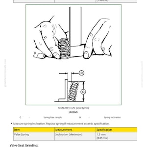 May include: Diagram of a valve spring with measurements. The free length is 37.8 mm (1.488 in.) and the inclination is 1.3 mm (0.051 in.). The image includes a diagram of a spring and hands measuring it.