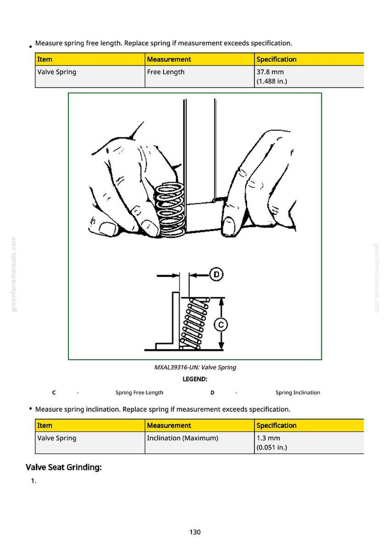 May include: Diagram of a valve spring with measurements. The free length is 37.8 mm (1.488 in.) and the inclination is 1.3 mm (0.051 in.). The image includes a diagram of a spring and hands measuring it.