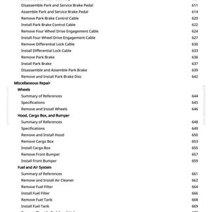 May include: A page from a manual with a list of automotive repair procedures, including brake, wheel, and fuel system maintenance. The text is black on a white background, with page numbers on the right.