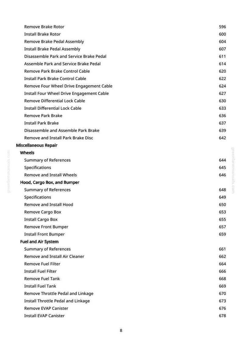 May include: A page from a manual with a list of automotive repair procedures, including brake, wheel, and fuel system maintenance. The text is black on a white background, with page numbers on the right.