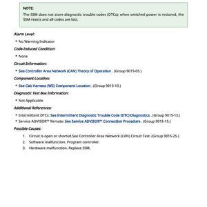 May include: A technical document detailing a "SSM Button 3 Communication Fault." It includes notes on diagnostic trouble codes, alarm levels, circuit information, and potential causes. Text is black on a white background, with a green highlighted note.