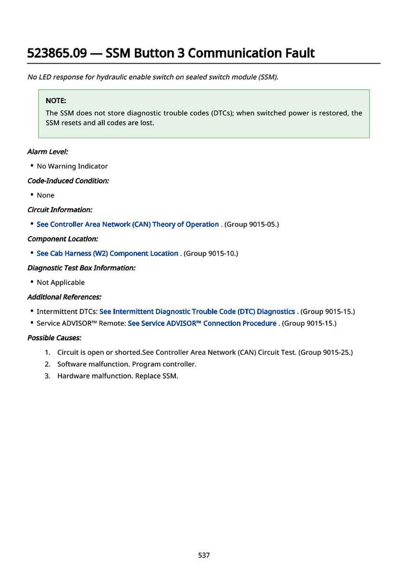 May include: A technical document detailing a "SSM Button 3 Communication Fault." It includes notes on diagnostic trouble codes, alarm levels, circuit information, and potential causes. Text is black on a white background, with a green highlighted note.