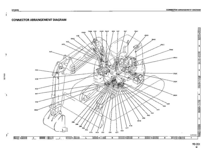 May include: A detailed connector arrangement diagram for machinery. The diagram features a grayscale illustration of a machine with numerous labeled connectors and lines. The text "CONNECTOR ARRANGEMENT DIAGRAM" is at the top.