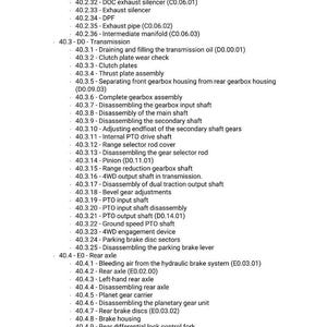 May include: A detailed list of tractor parts and procedures, including diesel radiator, fuel filter, exhaust silencer, and transmission components. The text is organized with numbered sections and sub-sections.