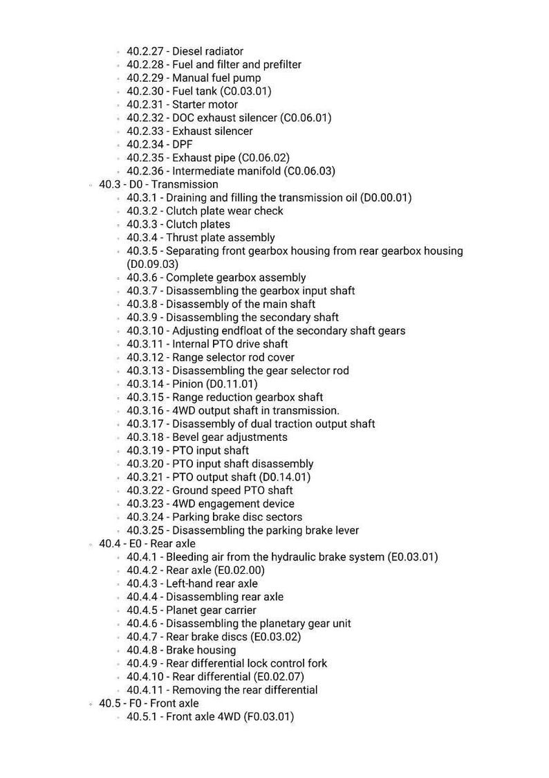 May include: A detailed list of tractor parts and procedures, including diesel radiator, fuel filter, exhaust silencer, and transmission components. The text is organized with numbered sections and sub-sections.
