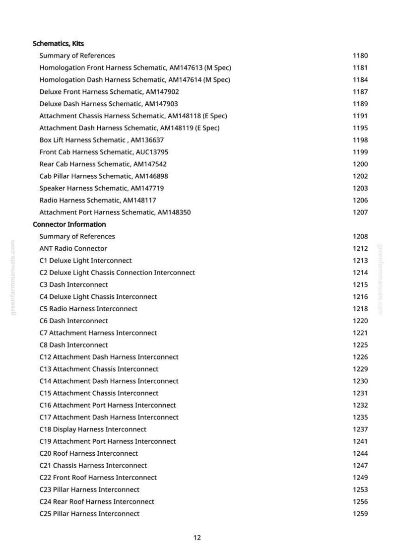 May include: A detailed list of schematics and kits, including harness schematics and interconnects. The text is organized into categories such as "Schematics, Kits" and "Connector Information", with corresponding reference numbers. The document is printed on white paper.