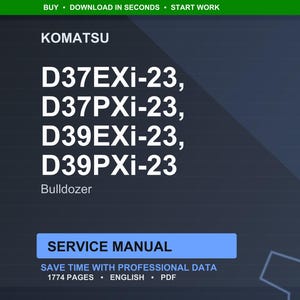 May include: A digital image featuring the Komatsu brand and bulldozer models D37EXi-23, D37PXi-23, D39EXi-23, and D39PXi-23. The image includes the text "SERVICE MANUAL" and "SAVE TIME WITH PROFESSIONAL DATA". The document is 1774 pages and in English.
