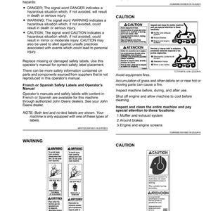 May include: A page of safety labels with text, including warnings and cautions. The labels provide instructions and safety information, such as wearing a seat belt and avoiding fire hazards. The labels are in English, French, and Spanish.