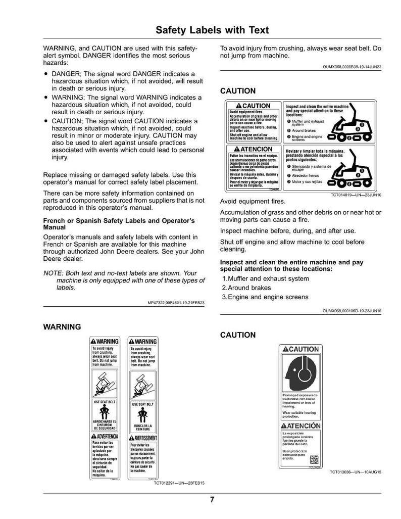 May include: A page of safety labels with text, including warnings and cautions. The labels provide instructions and safety information, such as wearing a seat belt and avoiding fire hazards. The labels are in English, French, and Spanish.