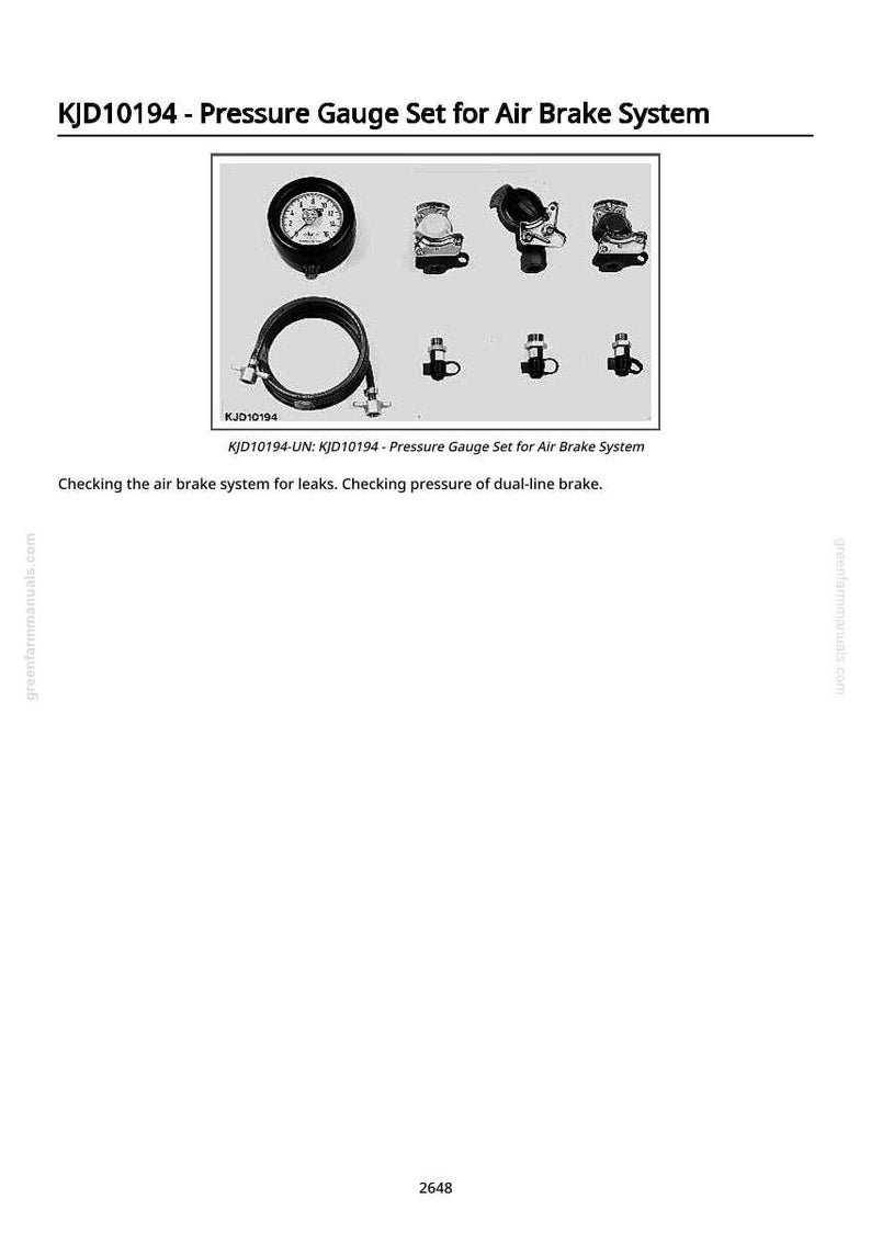 Op de afbeelding: Illustratie van een manometer set voor een lucht remsysteem. De set bevat een ronde meter, diverse fittingen en een slang. Tekst op de afbeelding luidt "KJD10194 - Pressure Gauge Set for Air Brake System."
