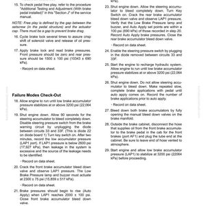 K&ouml;nnte beinhalten: Eine Seite aus einem Handbuch mit dem Titel "Bremskreislauf-Check-Out-Verfahren" mit Fehlerbehebungsschritten. Der Text enth&auml;lt Anweisungen zum &Uuml;berpr&uuml;fen des Bremsdrucks, zum Entl&uuml;ften der Akkumulatoren und zur Diagnose potenzieller Fehler. Das Dokument ist mit J4-6 gekennzeichnet.