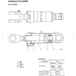 May include: Technical diagram of a hydraulic cylinder, labeled "Lift Cylinder." The diagram includes top and side views, with callouts for components like the head, rod, cylinder, piston, and lock ring. Specifications include cylinder bore, rod diameter, and stroke.