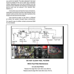 May include: Diagram of a diesel engine fuel system, including components like the fuel filter, pump, and tank. Text includes maintenance instructions for the MICO fuel filter, with details on filter replacement intervals. The diagram is labeled with various engine parts.