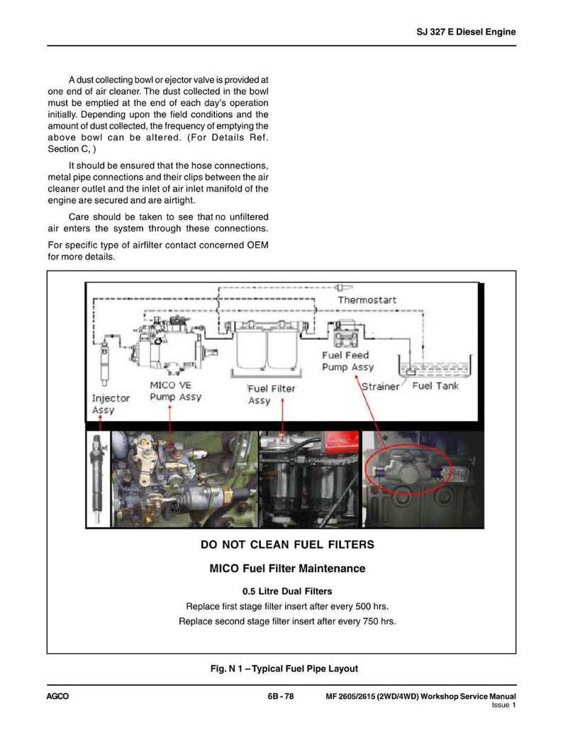 May include: Diagram of a diesel engine fuel system, including components like the fuel filter, pump, and tank. Text includes maintenance instructions for the MICO fuel filter, with details on filter replacement intervals. The diagram is labeled with various engine parts.