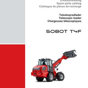 May include: Red Weidemann 5080T T4F telescopic loader. The image shows the machine from the side, with the bucket raised. The catalog also includes the text "Ersatzteilkatalog", "Spare parts catalog", and "Catalogue de pi&egrave;ces de rechange".
