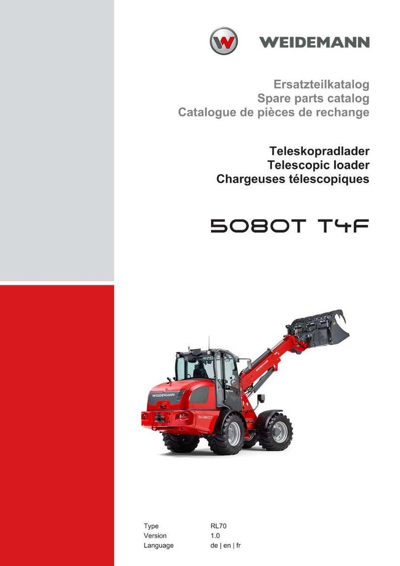 May include: Red Weidemann 5080T T4F telescopic loader. The image shows the machine from the side, with the bucket raised. The catalog also includes the text "Ersatzteilkatalog", "Spare parts catalog", and "Catalogue de pi&egrave;ces de rechange".