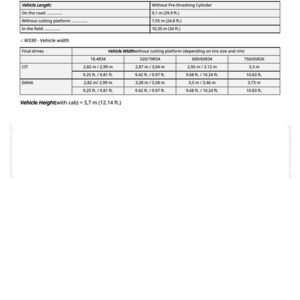 May include: A detailed chart with dimensions for a vehicle, including length and width specifications. The chart provides measurements in feet and meters, with vehicle height at 12.14 ft. The text includes information on final drives and tire sizes.