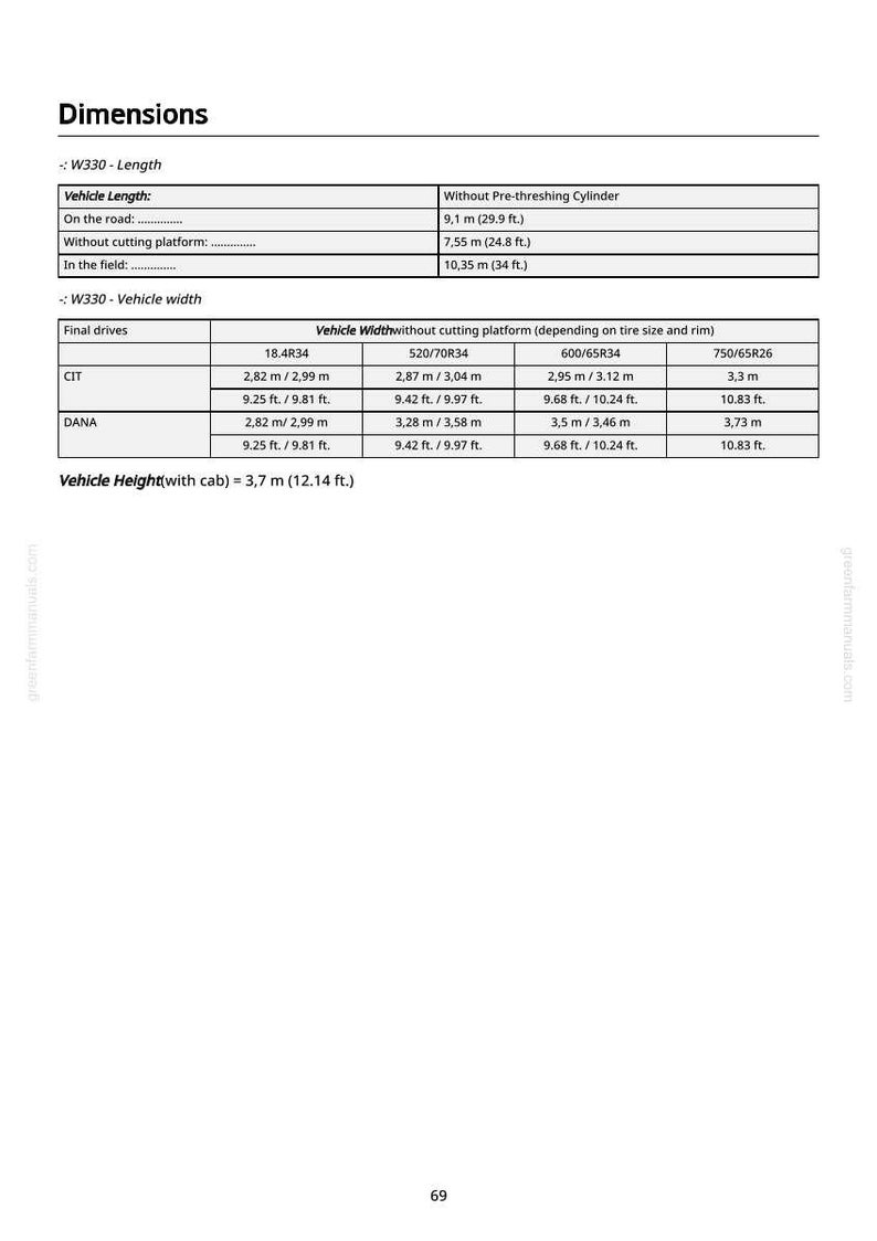 May include: A detailed chart with dimensions for a vehicle, including length and width specifications. The chart provides measurements in feet and meters, with vehicle height at 12.14 ft. The text includes information on final drives and tire sizes.